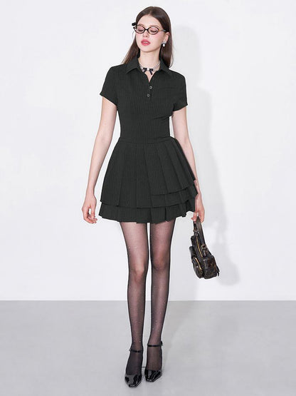 AFTADAWN Polo Collar Pleated Striped Sleeveless Dress