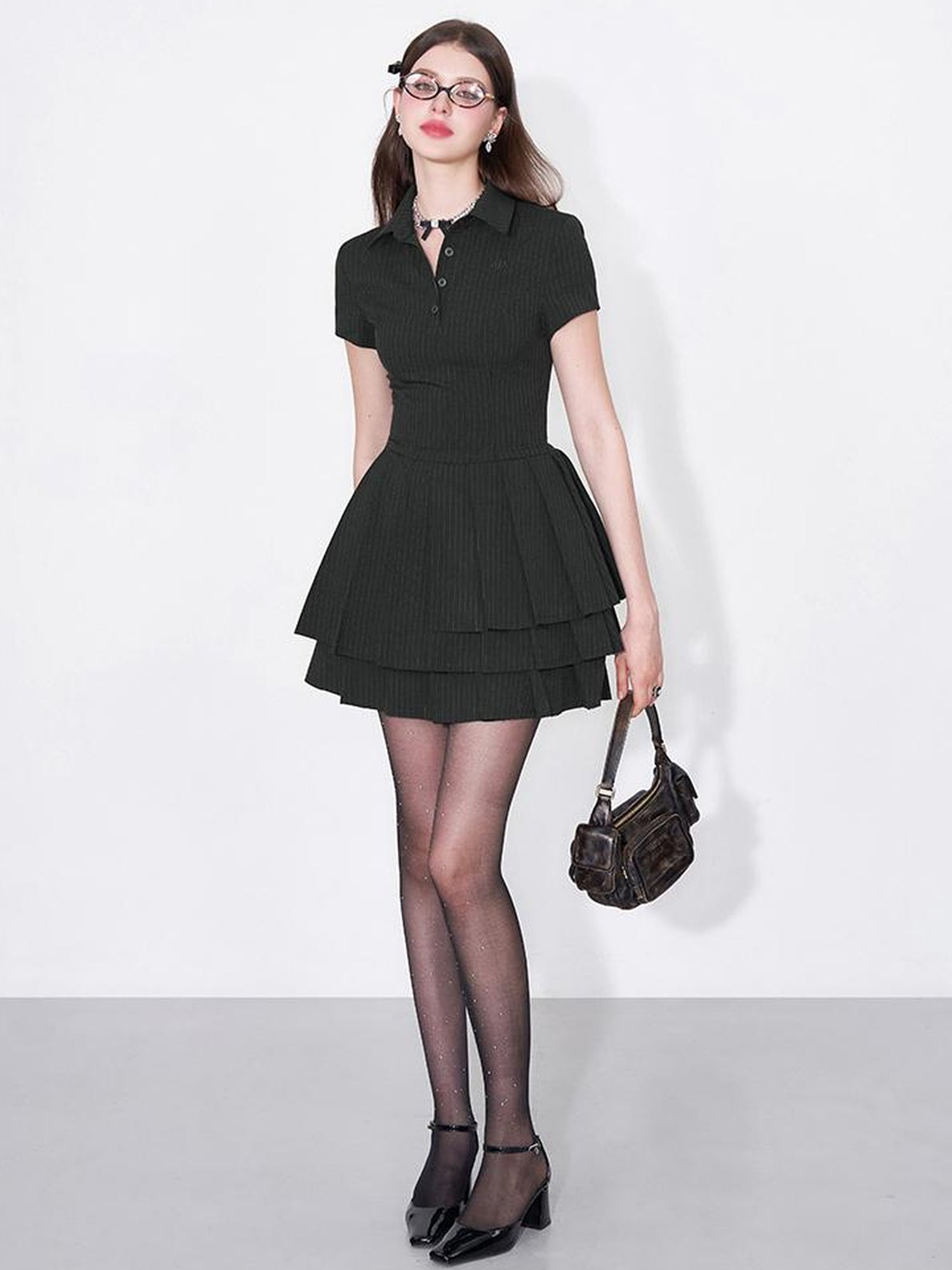 AFTADAWN Polo Collar Pleated Striped Sleeveless Dress