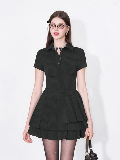AFTADAWN Polo Collar Pleated Striped Sleeveless Dress
