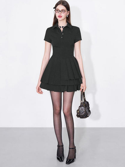 AFTADAWN Polo Collar Pleated Striped Sleeveless Dress