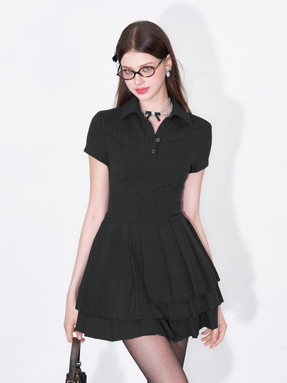 AFTADAWN Polo Collar Pleated Striped Sleeveless Dress