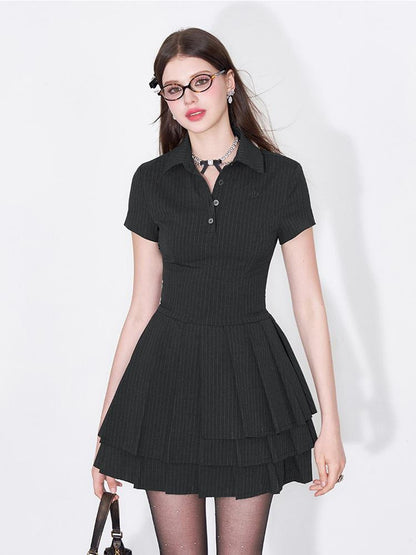 AFTADAWN Polo Collar Pleated Striped Sleeveless Dress