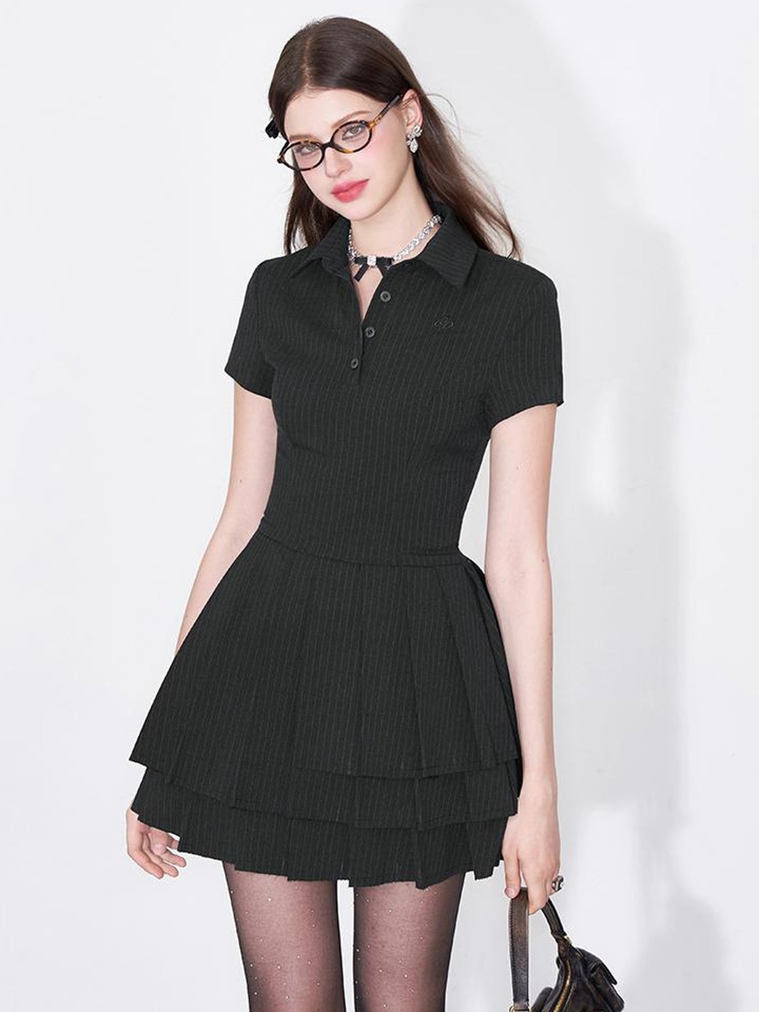 AFTADAWN Polo Collar Pleated Striped Sleeveless Dress