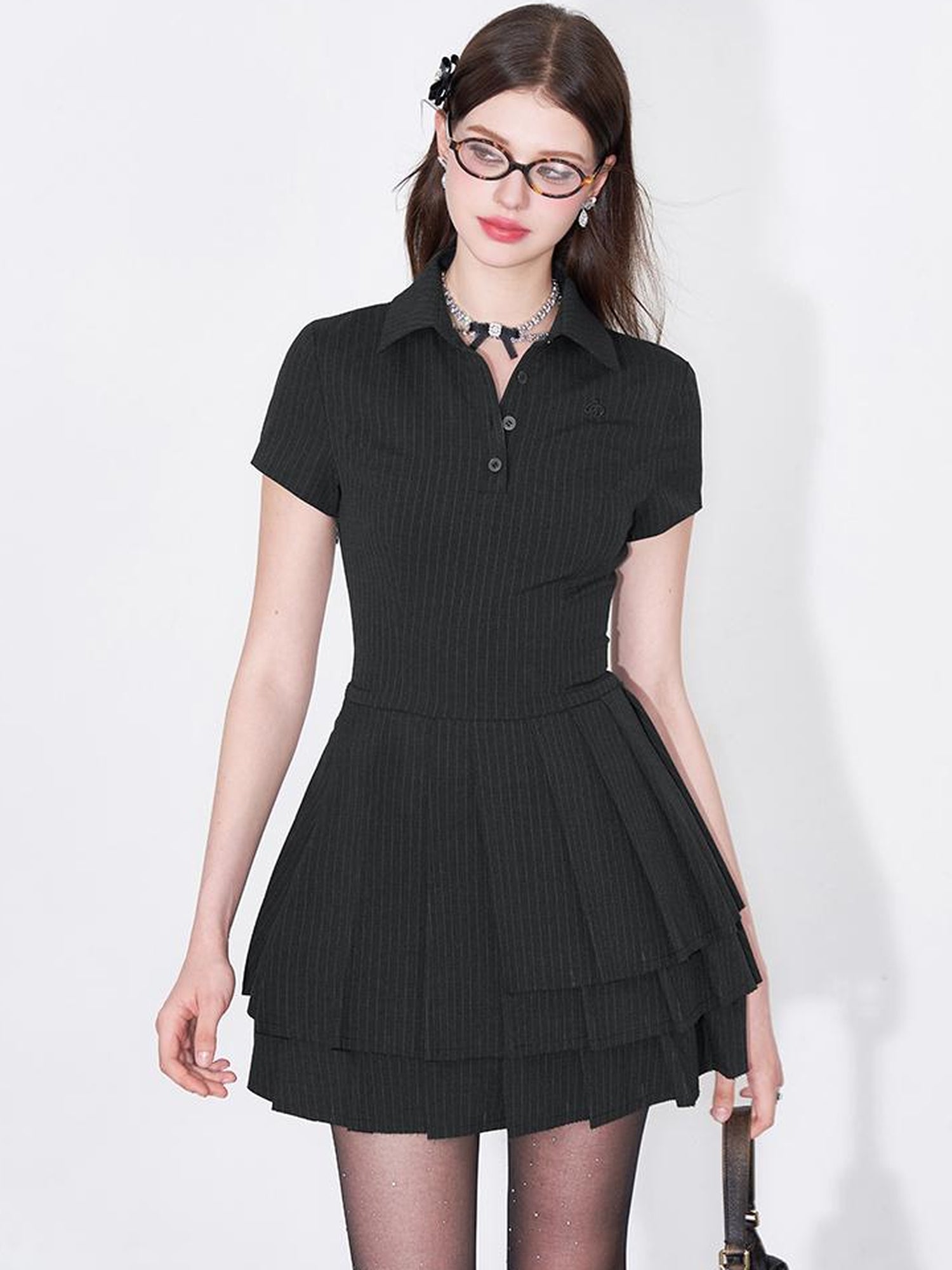 AFTADAWN Polo Collar Pleated Striped Sleeveless Dress