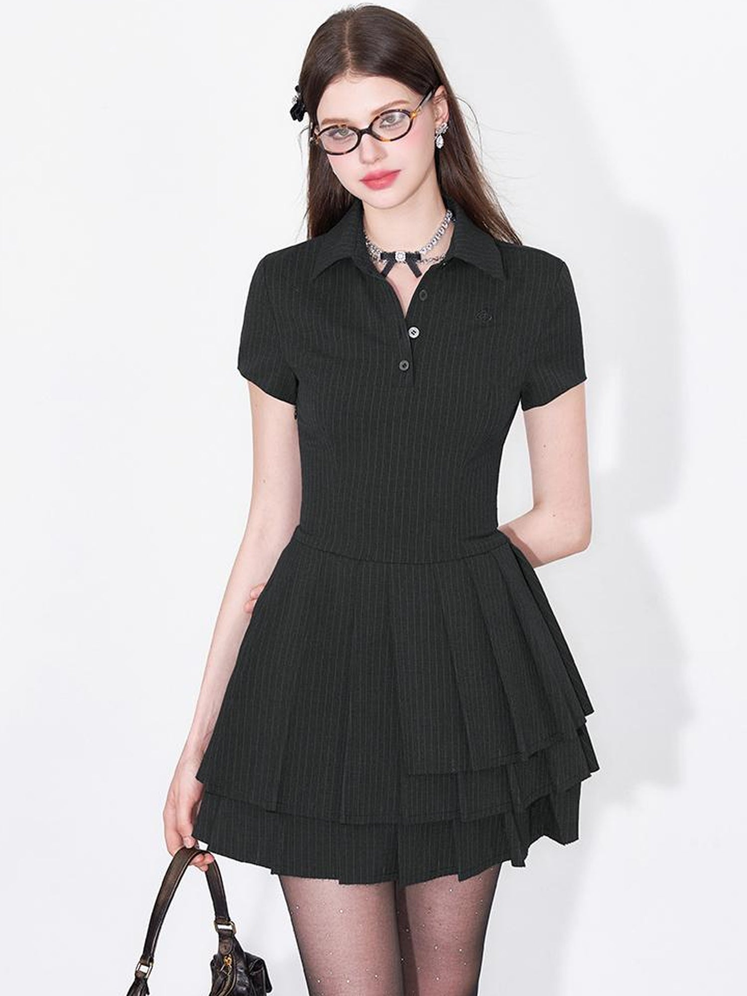 AFTADAWN Polo Collar Pleated Striped Sleeveless Dress