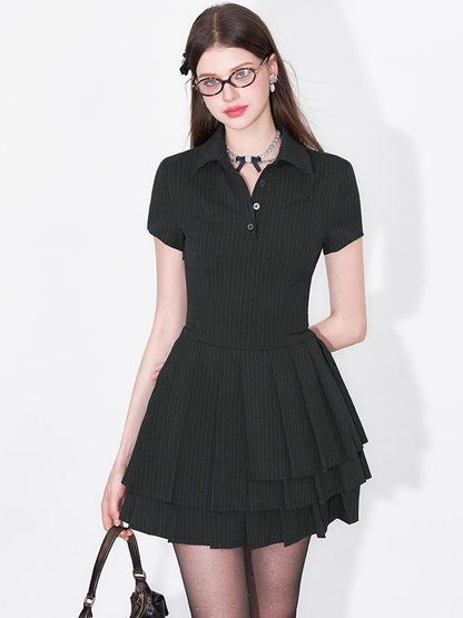 AFTADAWN Polo Collar Pleated Striped Sleeveless Dress