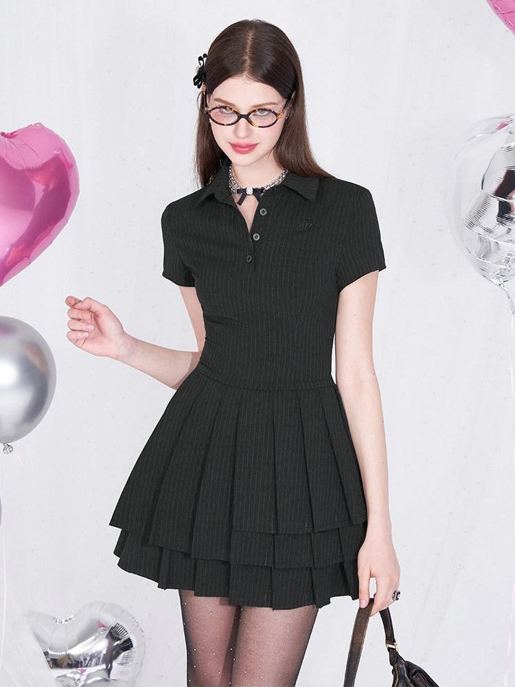 AFTADAWN Polo Collar Pleated Striped Waist Women&