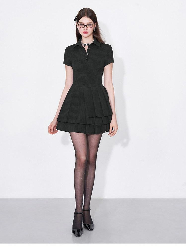 AFTADAWN Polo Collar Pleated Striped Waist Women&