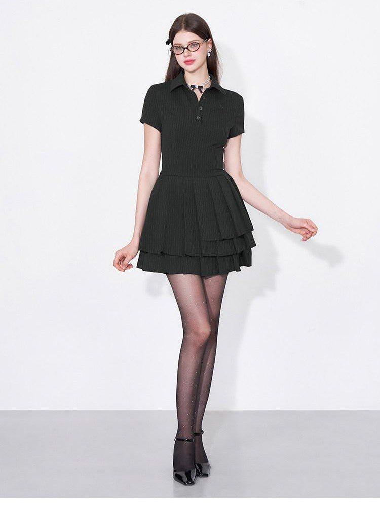 AFTADAWN Polo Collar Pleated Striped Waist Women&