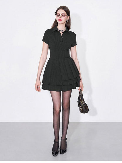 AFTADAWN Polo Collar Pleated Striped Waist Women&