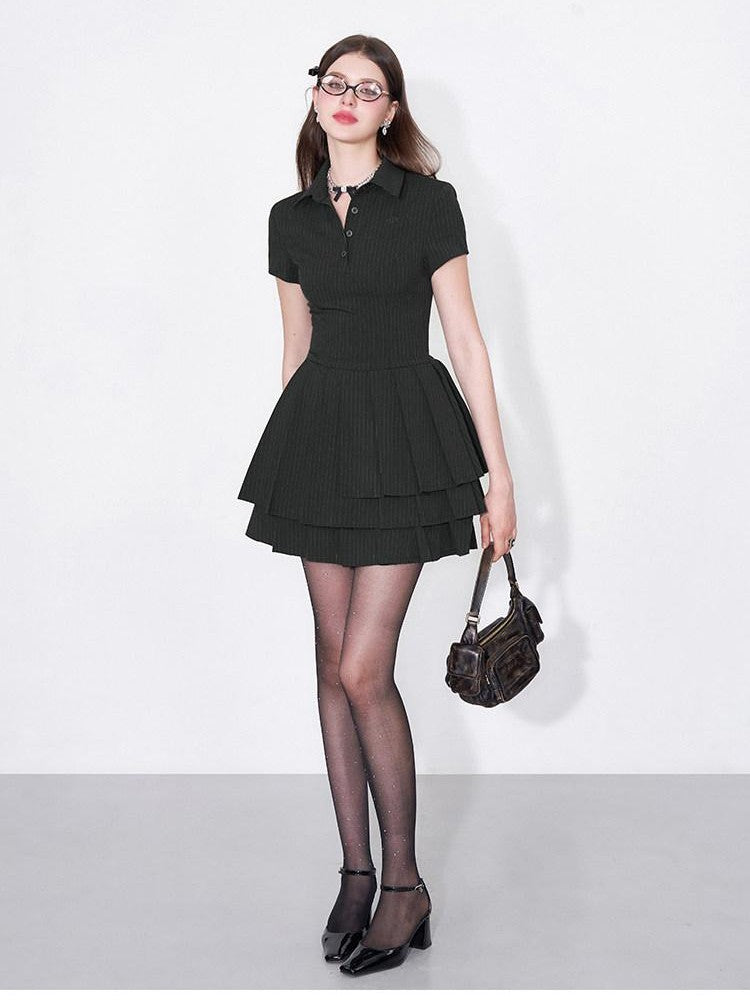AFTADAWN Polo Collar Pleated Striped Waist Women&