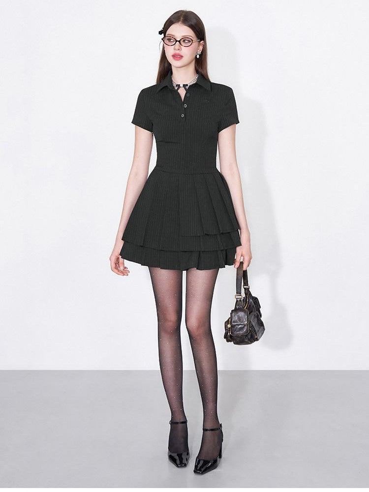 AFTADAWN Polo Collar Pleated Striped Waist Women&