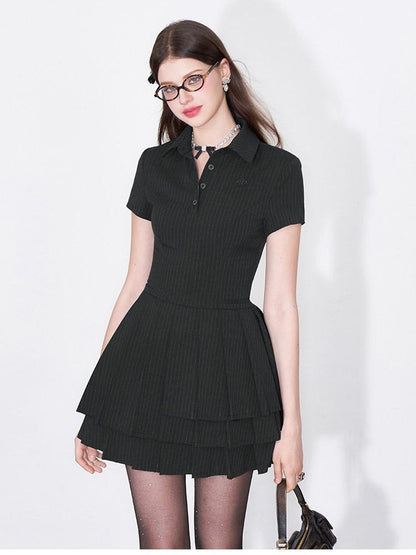 AFTADAWN Polo Collar Pleated Striped Waist Women&