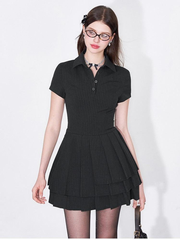AFTADAWN Polo Collar Pleated Striped Waist Women&