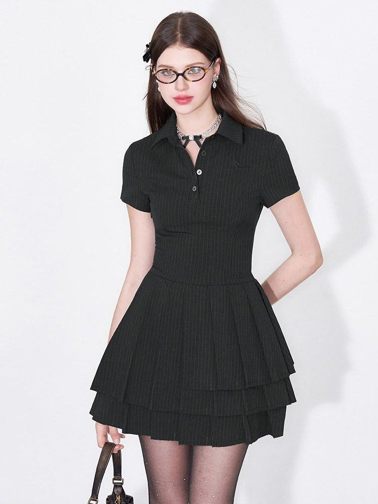 AFTADAWN Polo Collar Pleated Striped Waist Women&