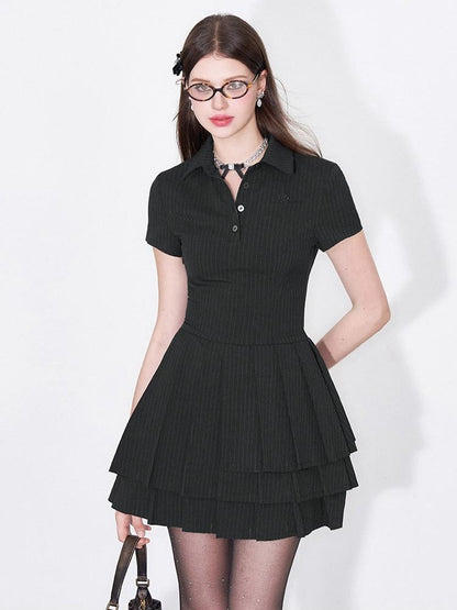 AFTADAWN Polo Collar Pleated Striped Waist Women&