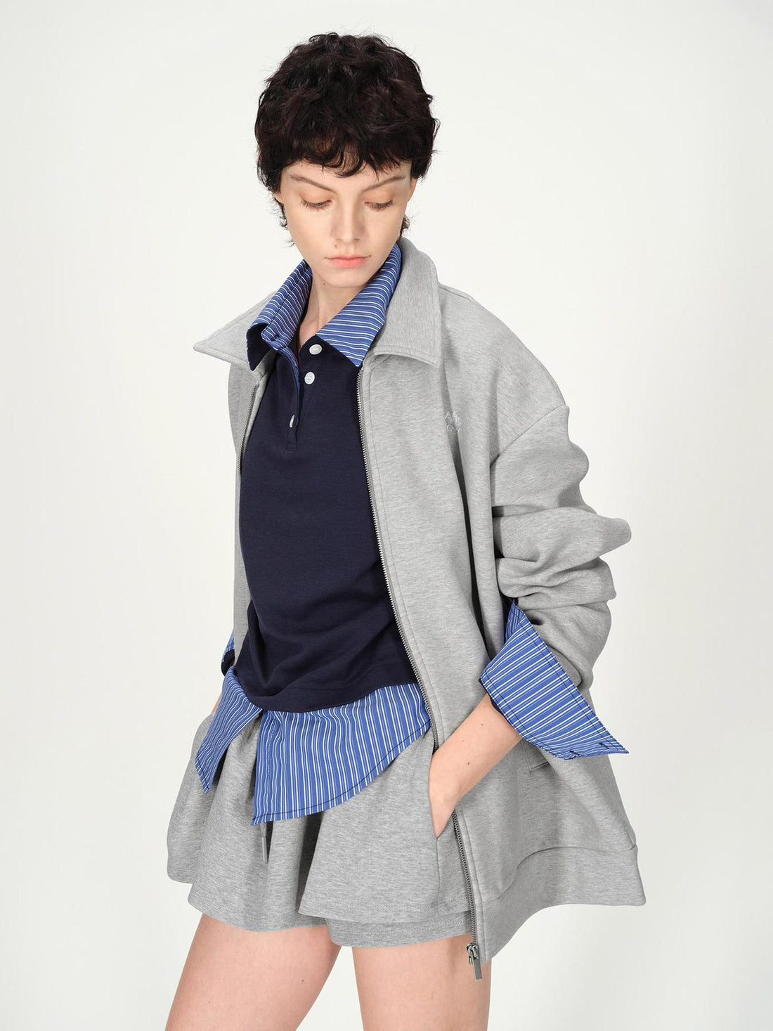 AFTADAWN Premium Gray Zip Up Hoodie Set With Bloom Skirt