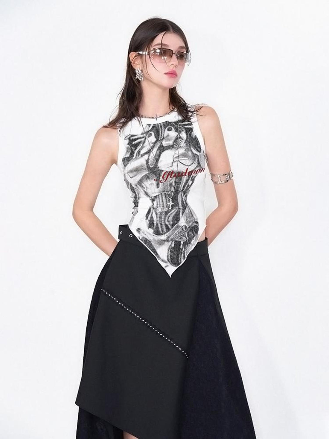 AFTADAWN Print Vest V-Neck T-Shirt Long-Sleeve