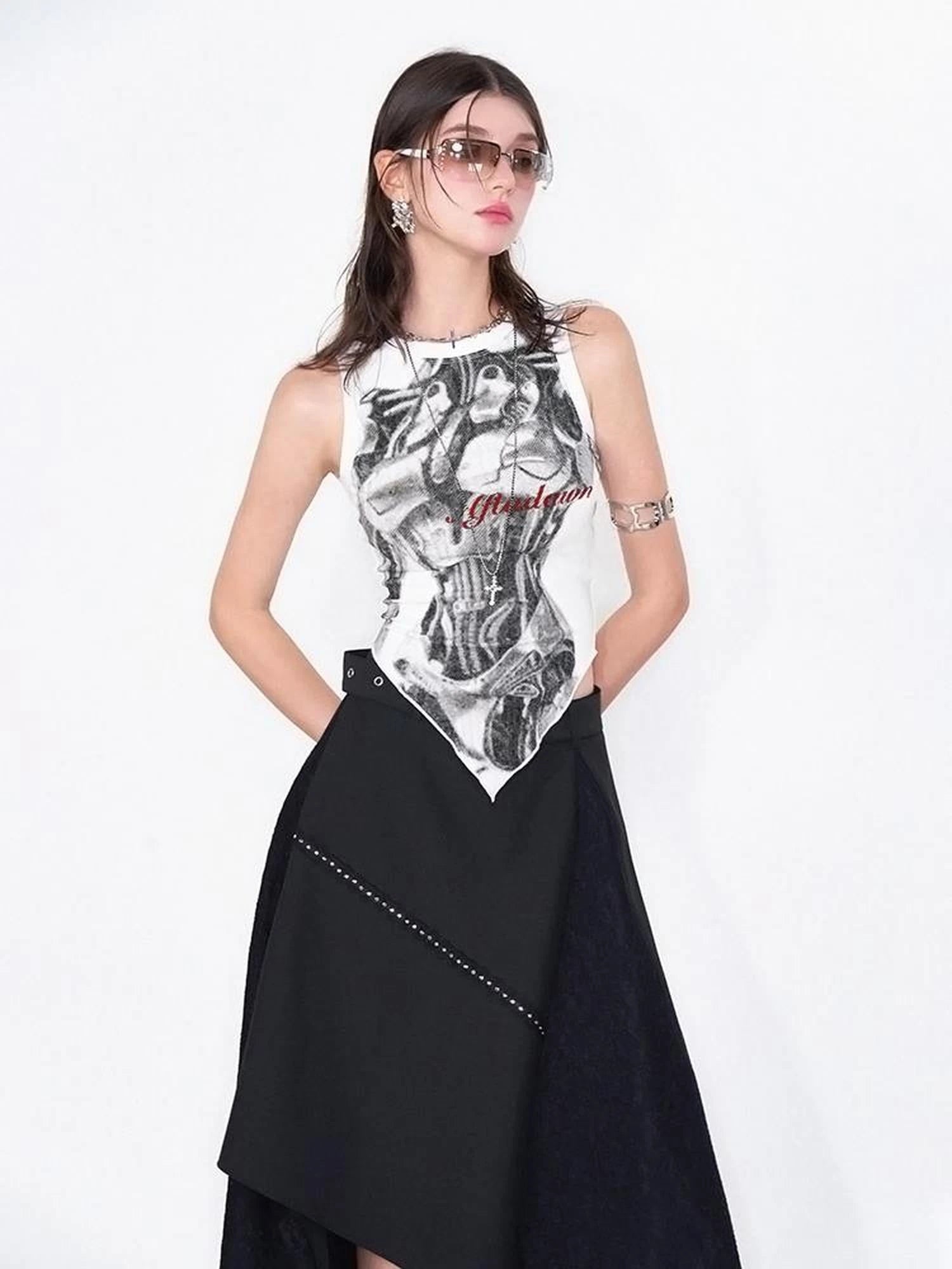 Print Vest V-Neck T-Shirt Long-Sleeve