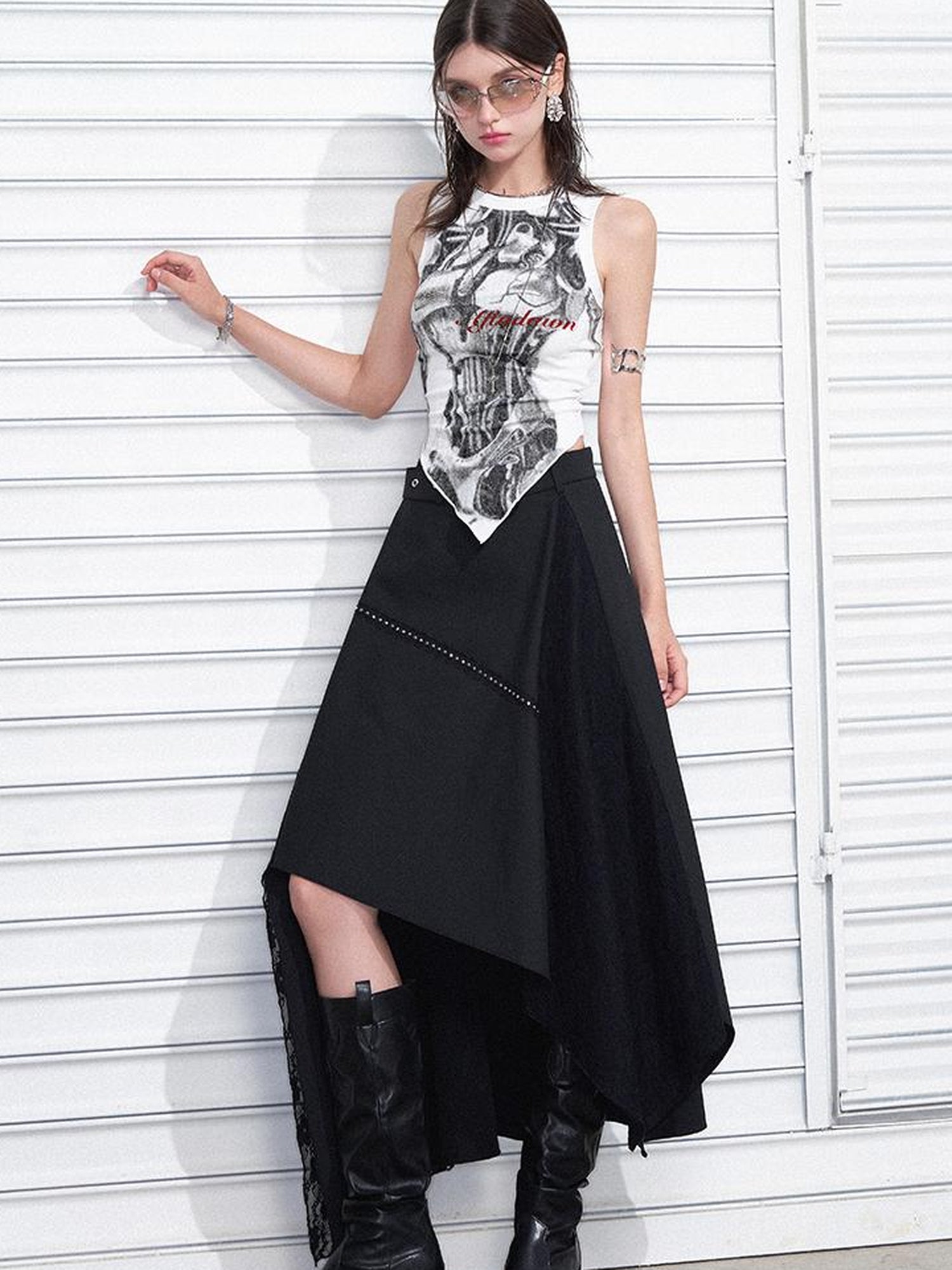 AFTADAWN Print Vest V-Neck T-Shirt Long-Sleeve