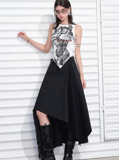 AFTADAWN Print Vest V-Neck T-Shirt Long-Sleeve
