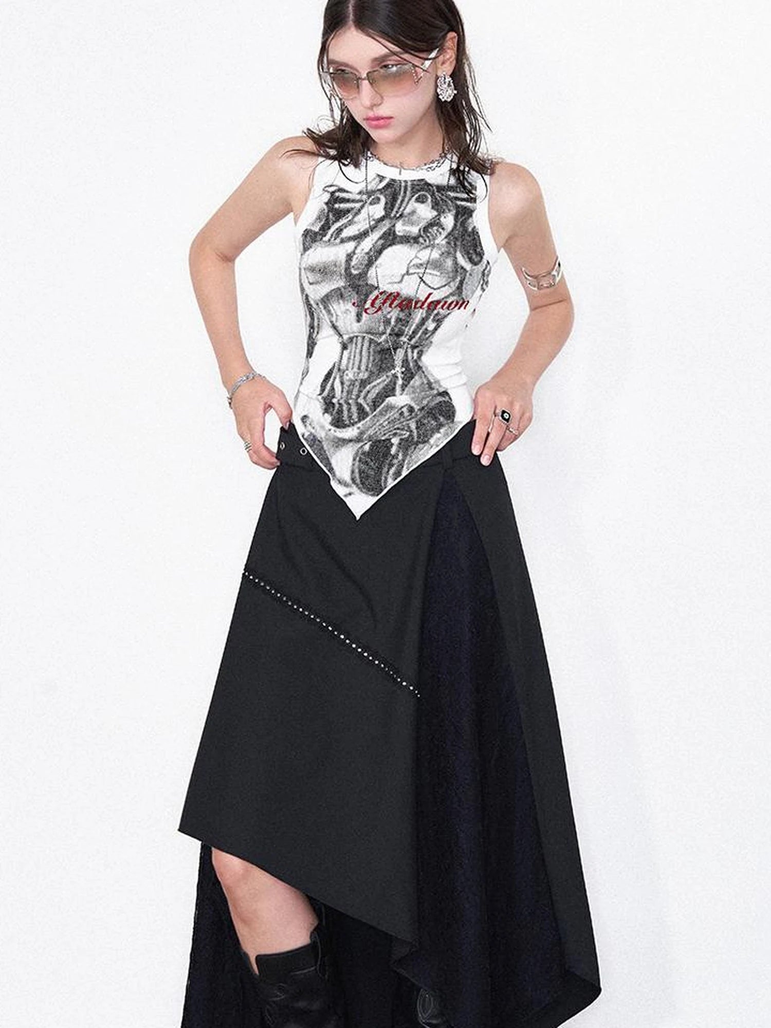 Print Vest V-Neck T-Shirt Long-Sleeve