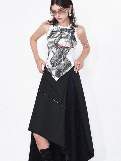 Print Vest V-Neck T-Shirt Long-Sleeve