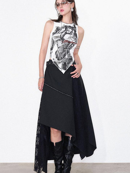 AFTADAWN Print Vest V-Neck T-Shirt Long-Sleeve