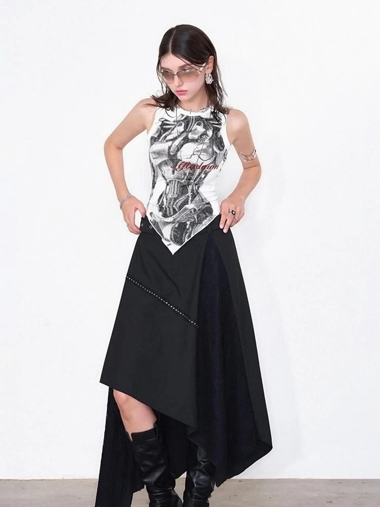 Print Vest V-Neck T-Shirt Long-Sleeve