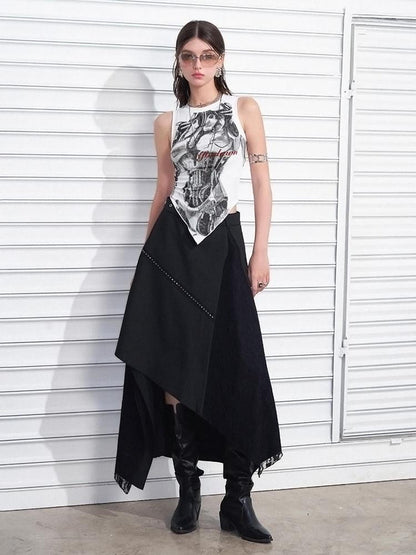 AFTADAWN Print Vest V-Neck T-Shirt Long-Sleeve