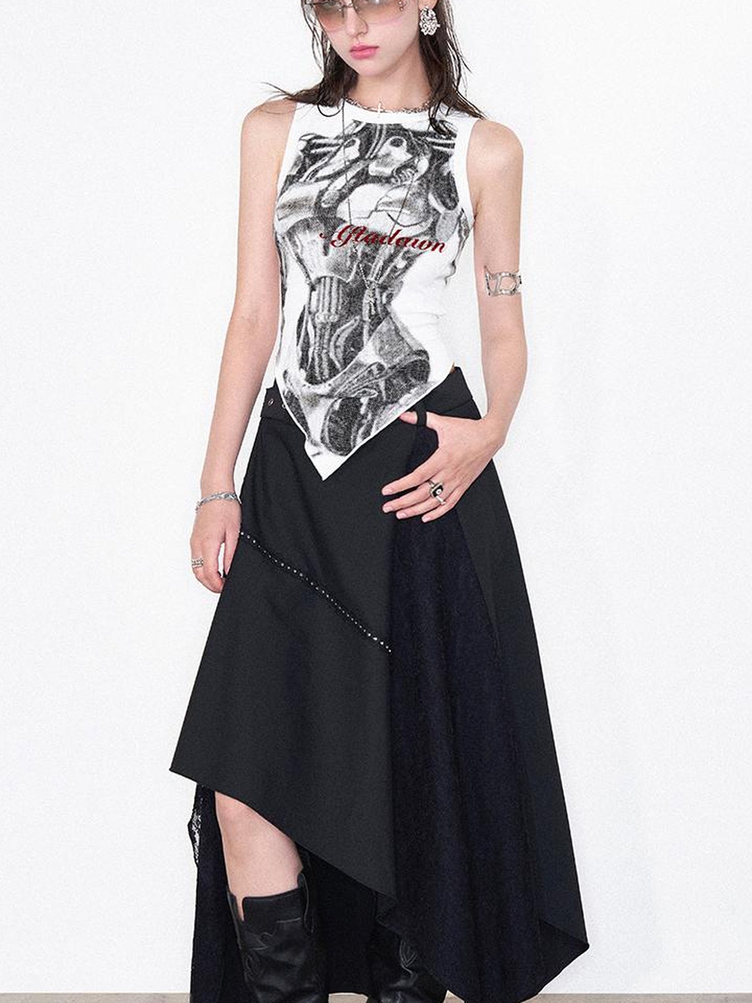 AFTADAWN Print Vest V-Neck T-Shirt Long-Sleeve