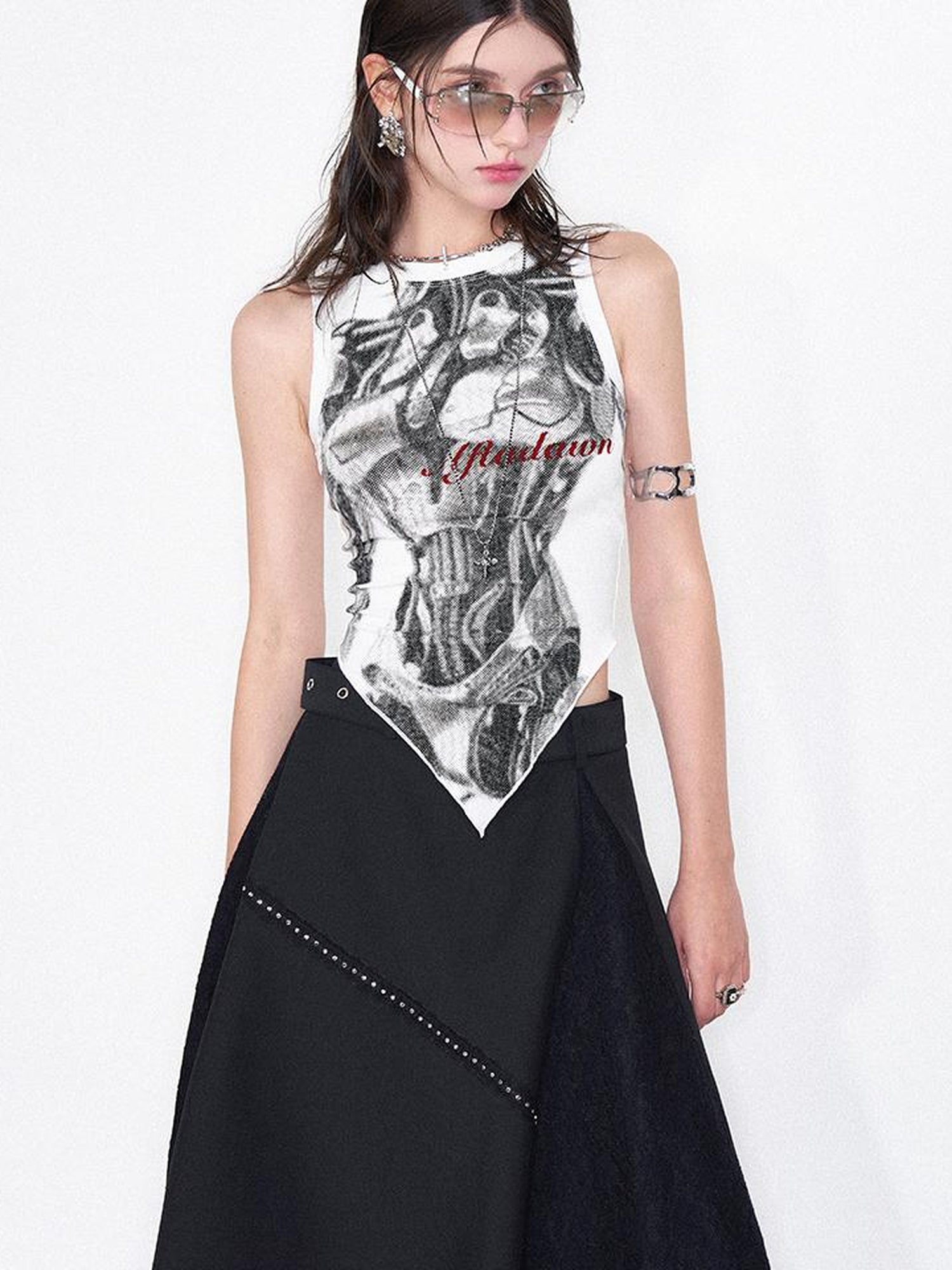 AFTADAWN Print Vest V-Neck T-Shirt Long-Sleeve
