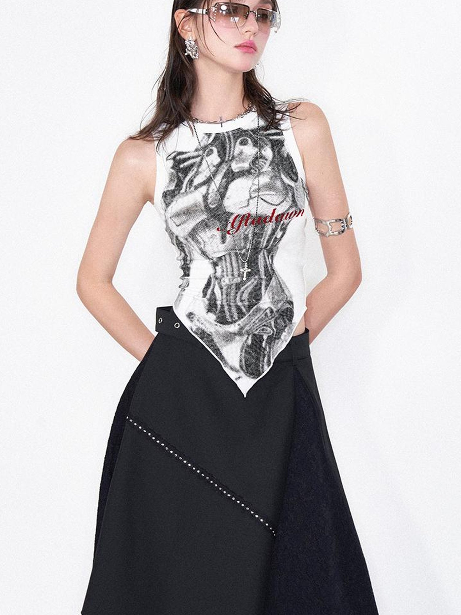 AFTADAWN Print Vest V-Neck T-Shirt Long-Sleeve