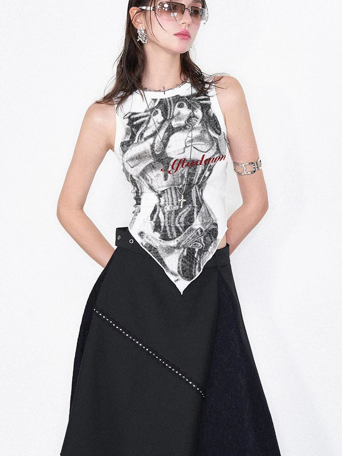 Print Vest V-Neck T-Shirt Long-Sleeve