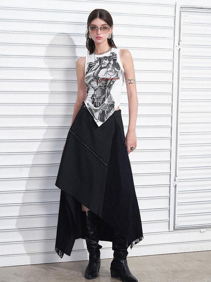 AFTADAWN Print Vest V-Neck T-Shirt Long-Sleeve
