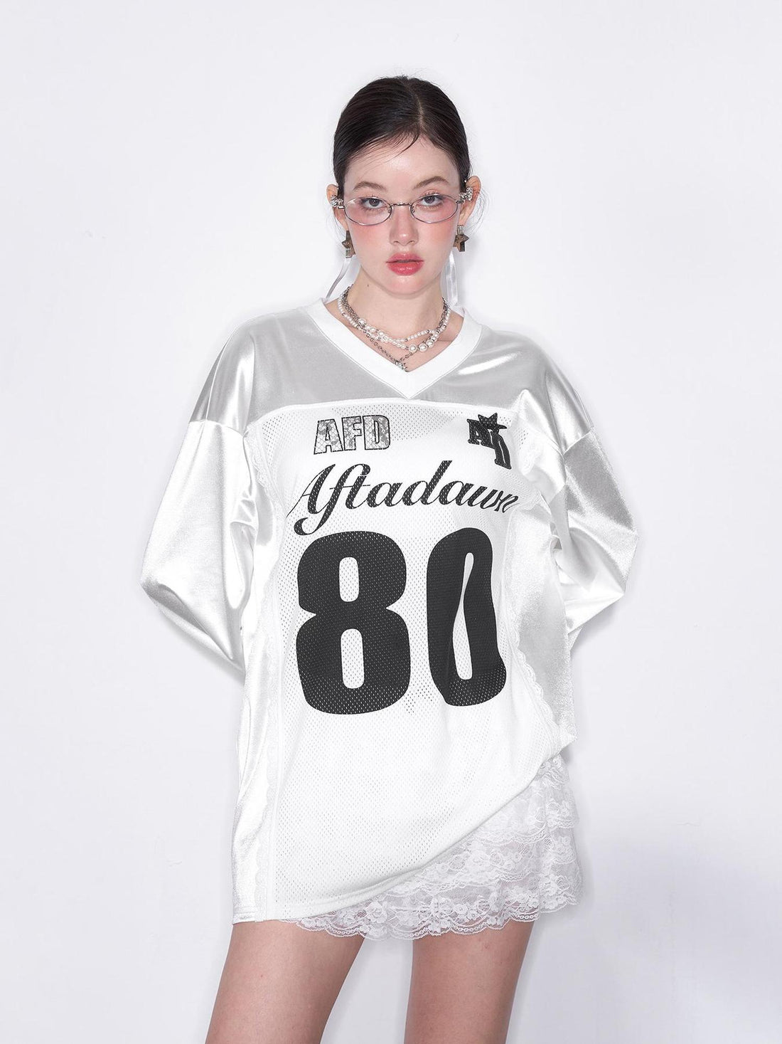 AFTADAWN Printed Lace Trimmed Satin Sports Tee