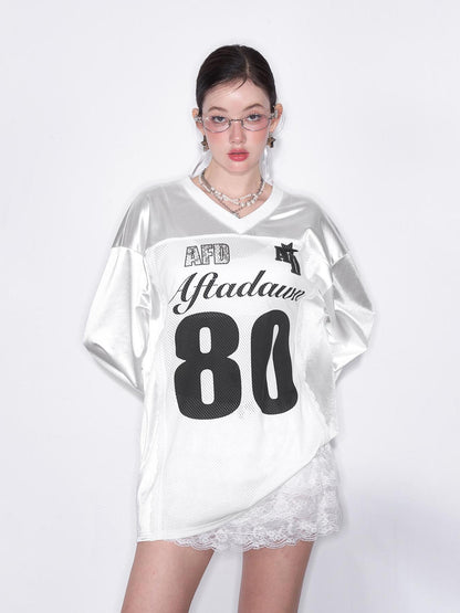 AFTADAWN Printed Lace Trimmed Satin Sports Tee