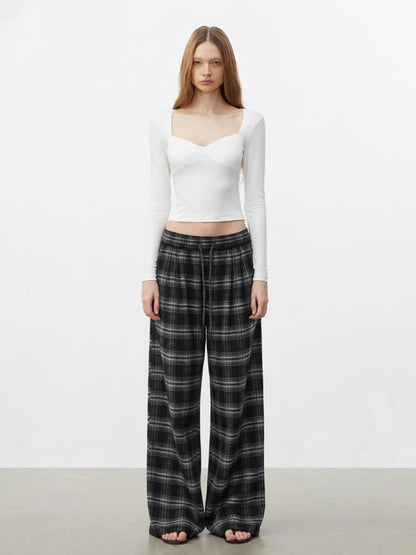 AFTADAWN Rayon Blend Plaid Drawstring Wide Leg Natural Waist Women Black Pants