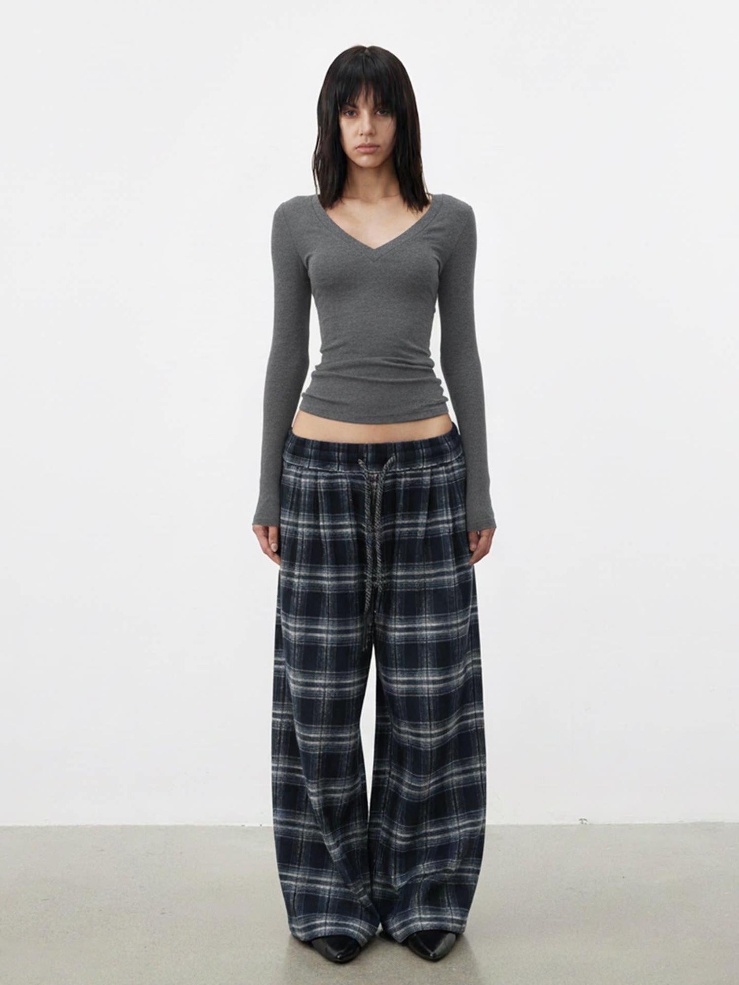 AFTADAWN Rayon Blend Plaid Drawstring Wide Leg Natural Waist Women Black Pants
