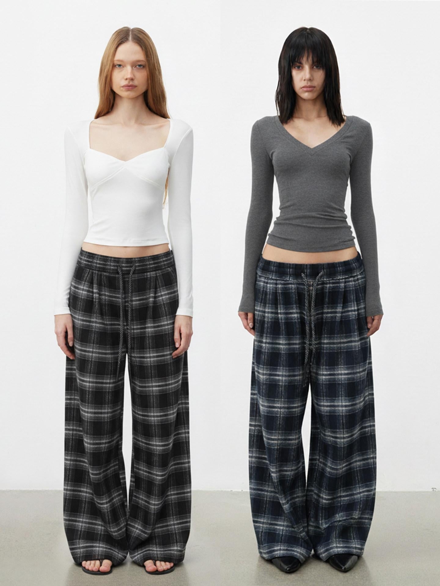 AFTADAWN Rayon Blend Plaid Drawstring Wide Leg Natural Waist Women Black Pants