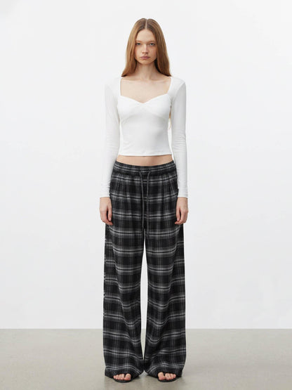 AFTADAWN Rayon Blend Plaid Drawstring Wide Leg Natural Waist Women Black Pants