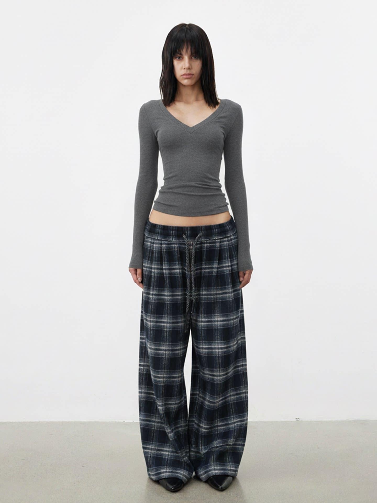 AFTADAWN Rayon Blend Plaid Drawstring Wide Leg Natural Waist Women Black Pants
