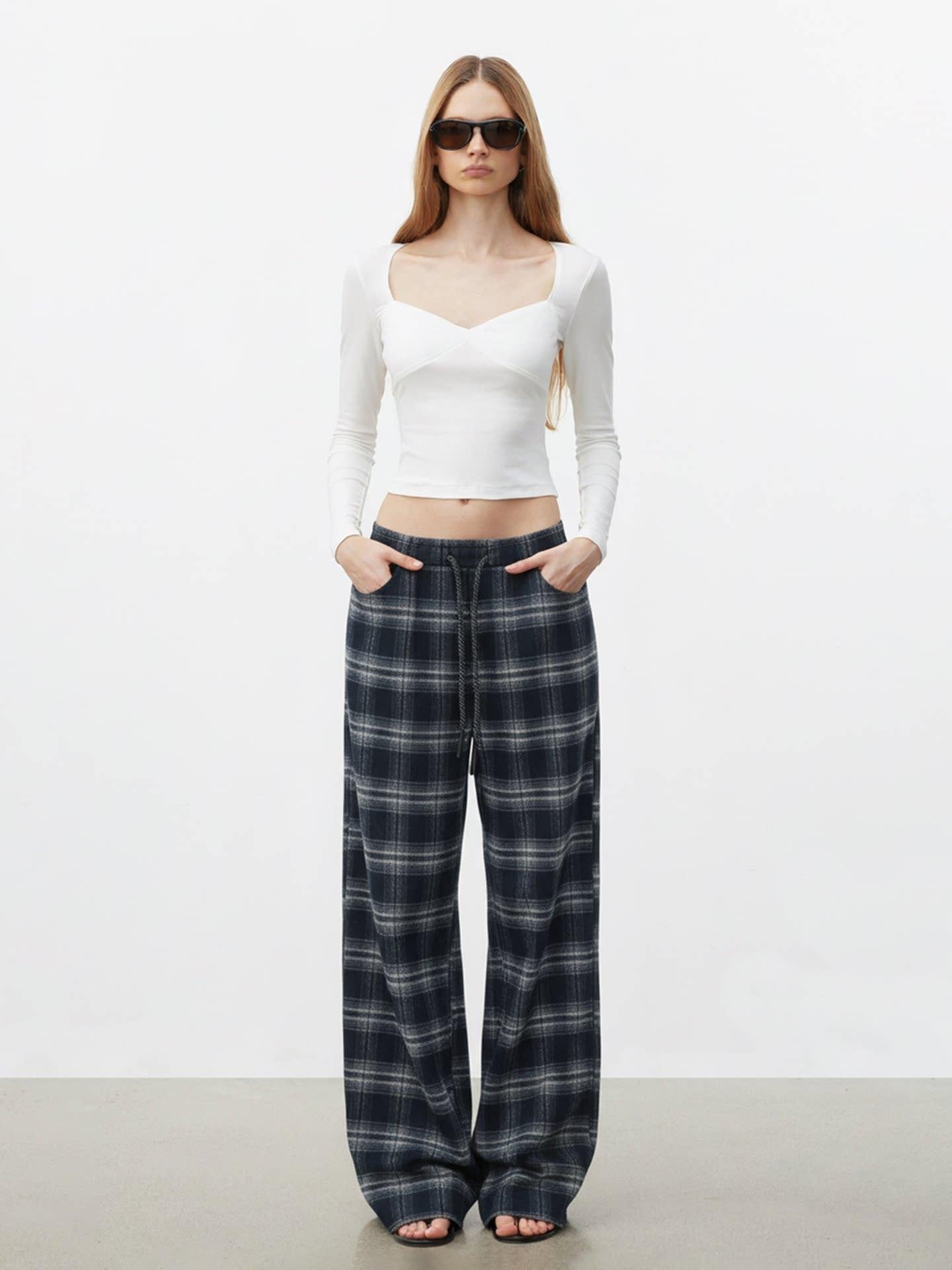 AFTADAWN Rayon Blend Plaid Drawstring Wide Leg Natural Waist Women Black Pants