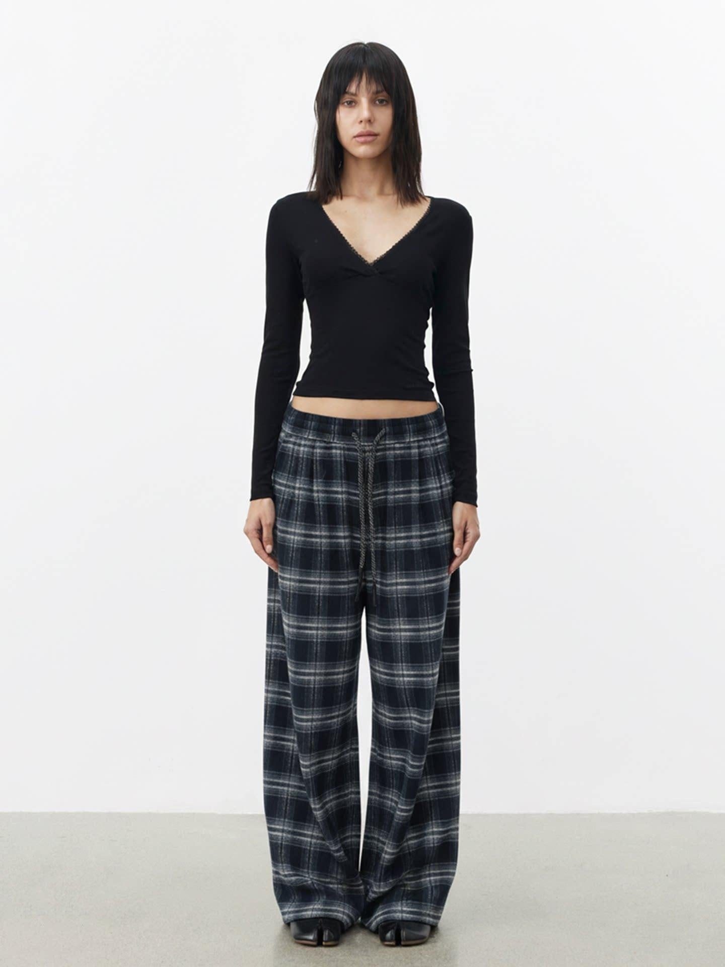 AFTADAWN Rayon Blend Plaid Drawstring Wide Leg Natural Waist Women Black Pants