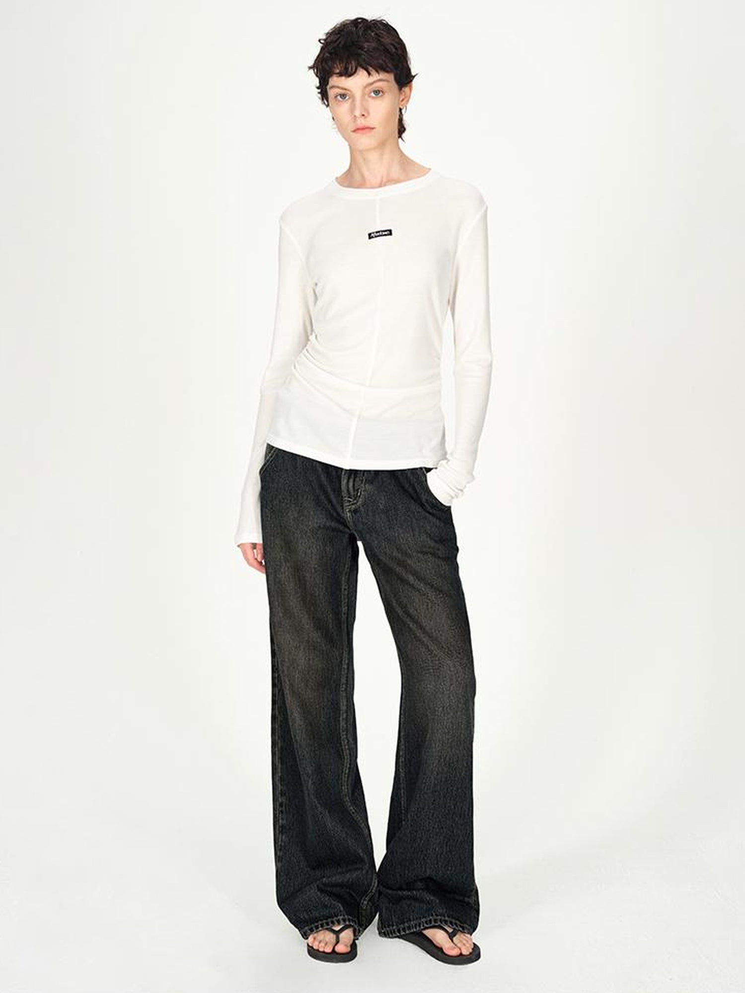 AFTADAWN Rayon Wool Logo Embroidered Waist Gathered Long Sleeve Tee