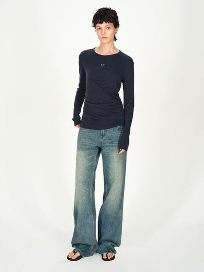 AFTADAWN Rayon Wool Logo Embroidered Waist Gathered Long Sleeve Tee