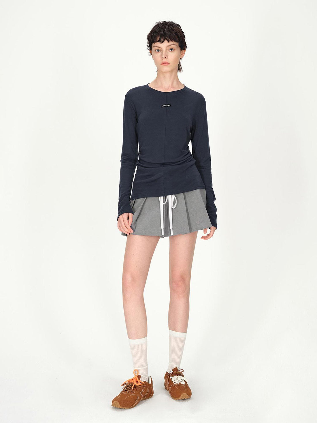 AFTADAWN Rayon Wool Logo Embroidered Waist Gathered Long Sleeve Tee