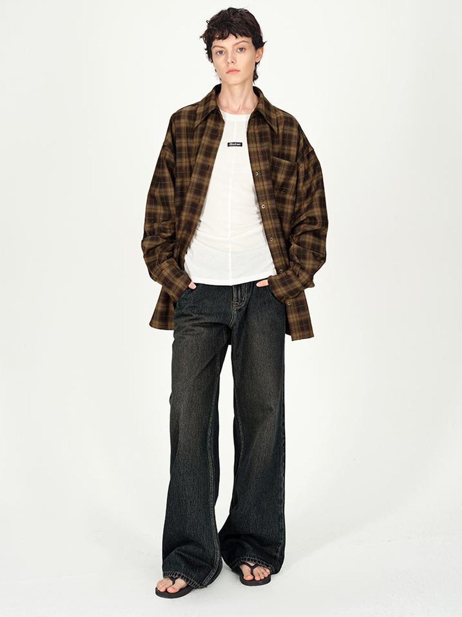 AFTADAWN Rayon Wool Logo Embroidered Waist Gathered Long Sleeve Tee