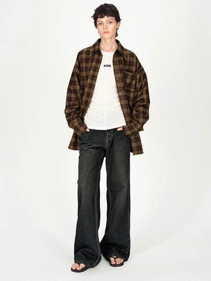 AFTADAWN Rayon Wool Logo Embroidered Waist Gathered Long Sleeve Tee