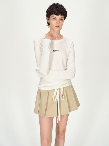 AFTADAWN Rayon Wool Logo Embroidered Waist Gathered Long Sleeve Tee